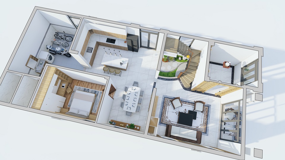 mặt bằng không gian tầng trệt biệt thự 2 tầng 3 phòng ngủ 8x18 tại dak lak