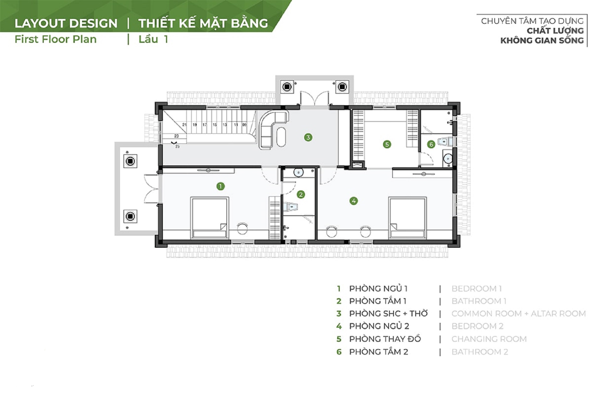 mặt bằng lầu 1 nhà biệt thự anh quang bến cát
