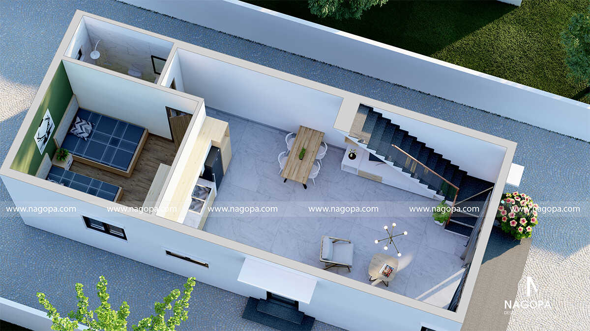 3d tổng thể tầng trệt nhà phố 2 tầng 5x12m hiện đại