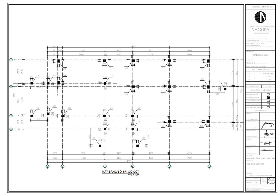 mặt bằng bản vẽ cột hồ sơ thiết kế biệt thự 2 tầng