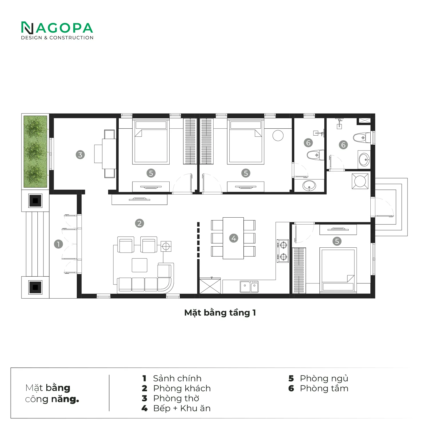 mặt bằng công năng nhà cấp 4 mái nhật hiện đại 125m2