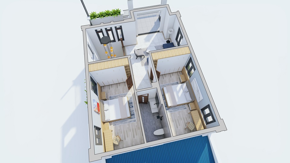 mặt bằng không gian tầng lầu biệt thự 2 tầng 3 phòng ngủ 8x18 tại daklak 1