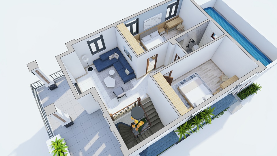 mặt bằng không gian tầng lầu biệt thự 2 tầng 3 phòng ngủ 8x18 tại daklak