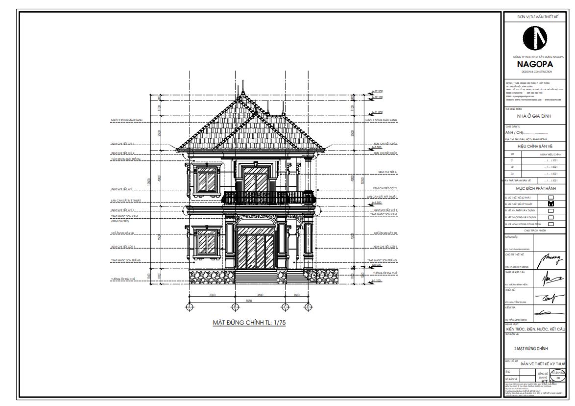 mặt đứng chính trong hồ sơ thiết kế bản vẽ biệt thự
