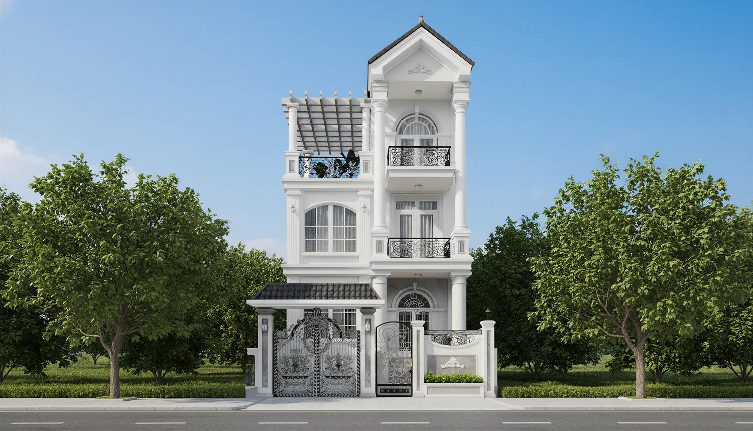 Nhà mặt tiền 7m tân cổ điển với lan can sắt mỹ thuật