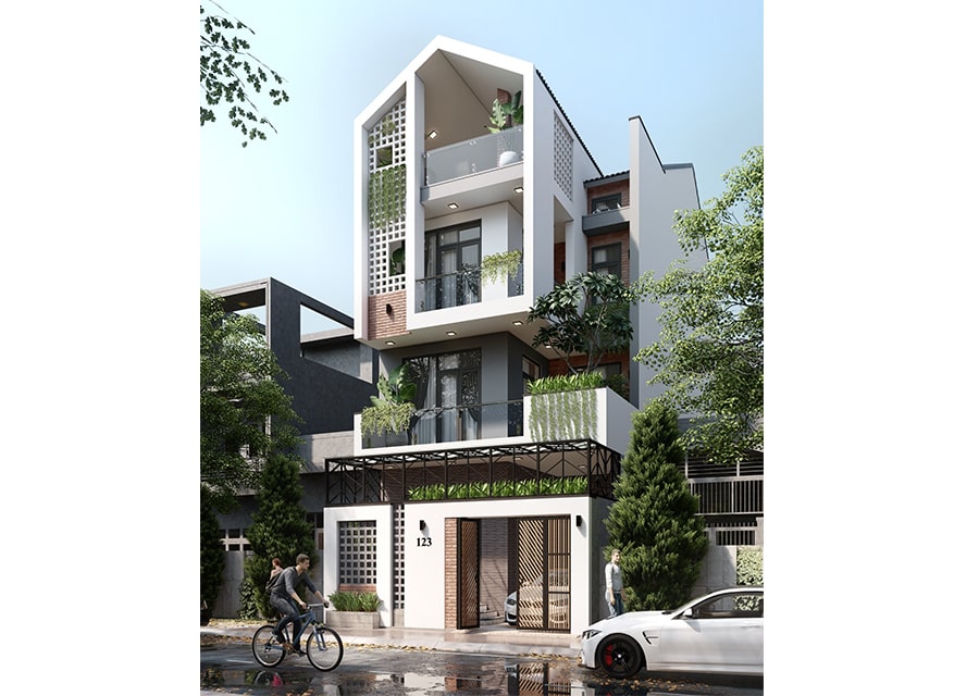 nhà phố ngang 7m 4 tầng chữ l hiện đại