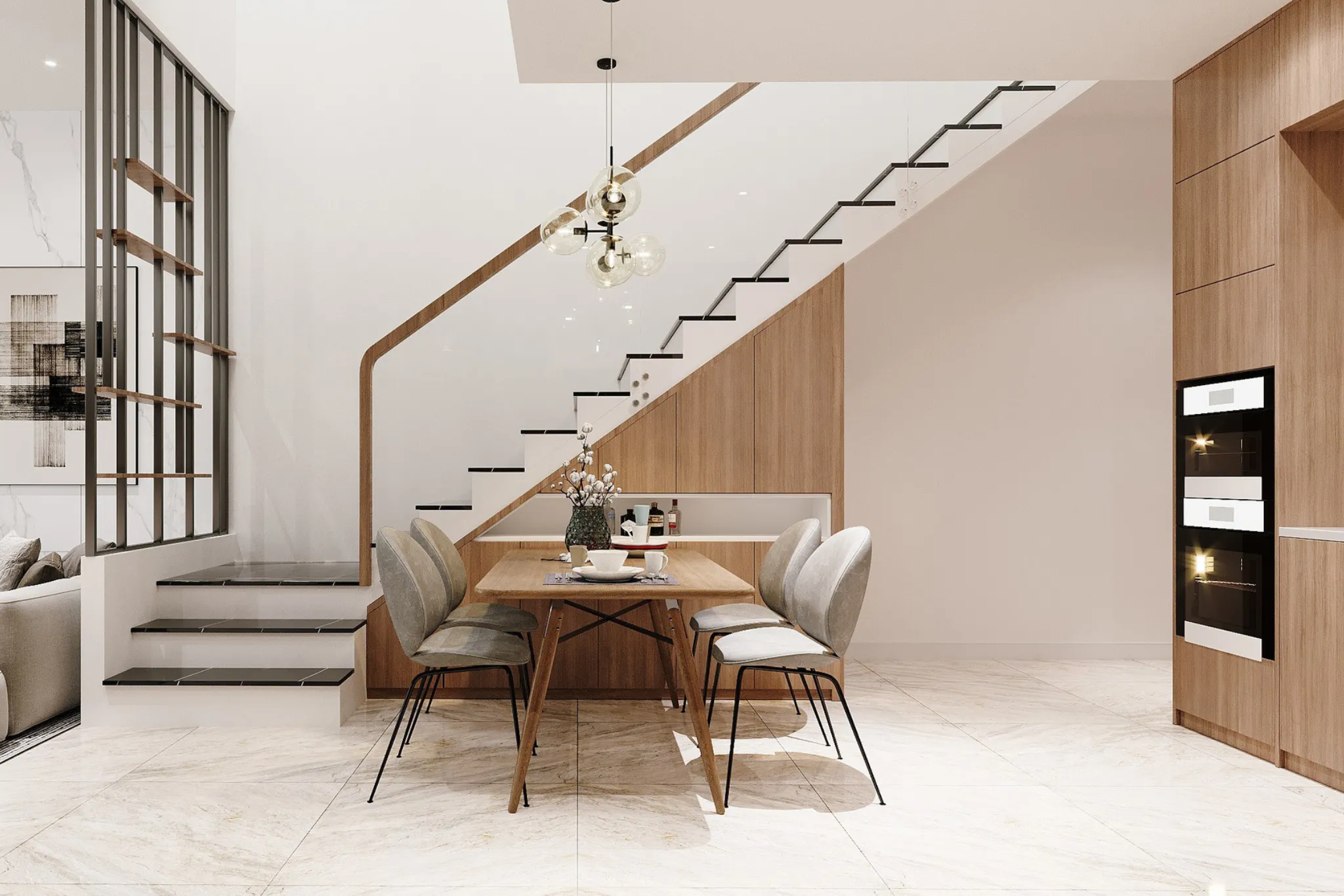 cầu thang kính cường lực nhà ống 5m