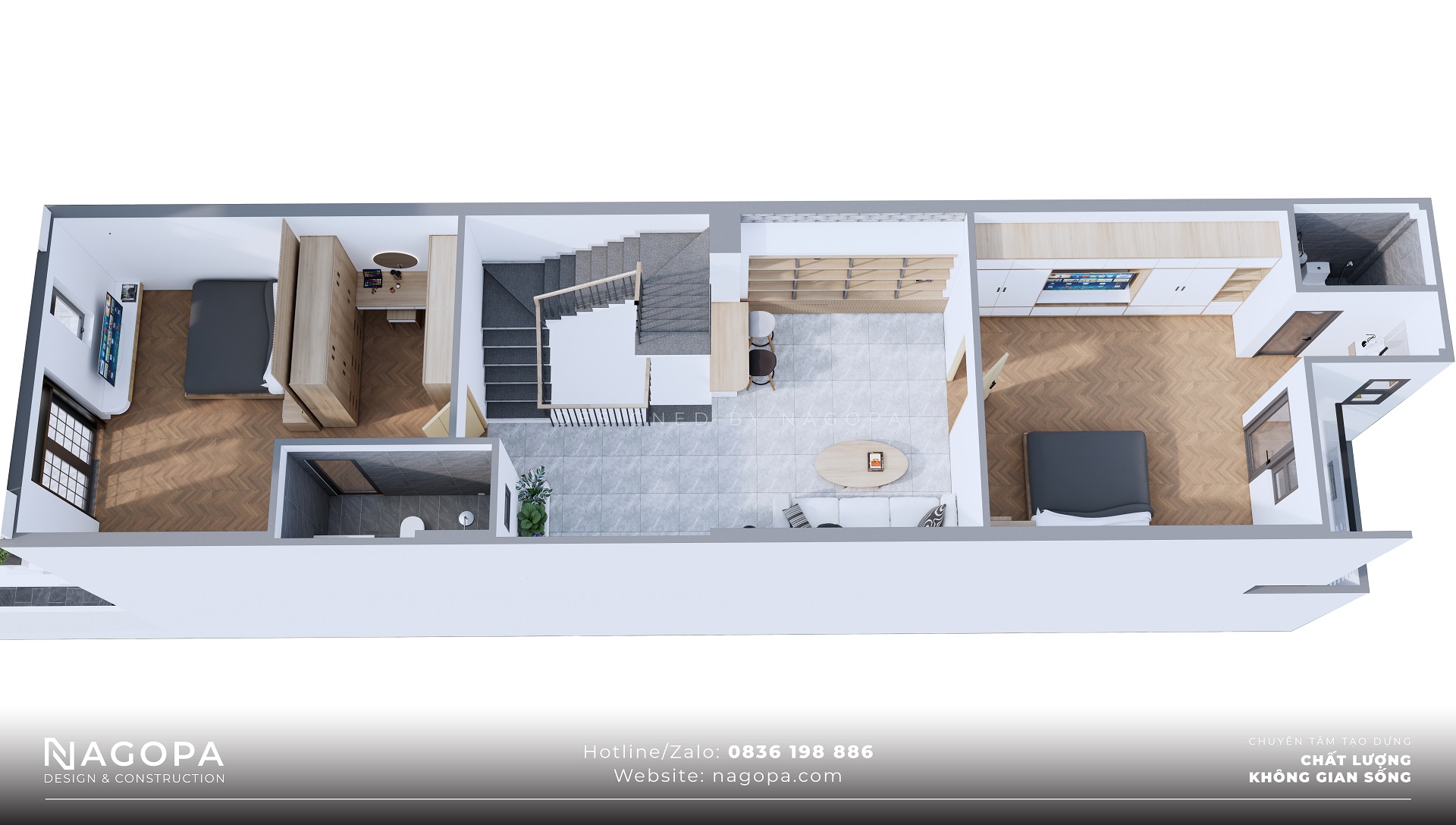 không gian nội thất tầng 2 nhà ống 3 tầng 5x20 3 phòng ngủ 1