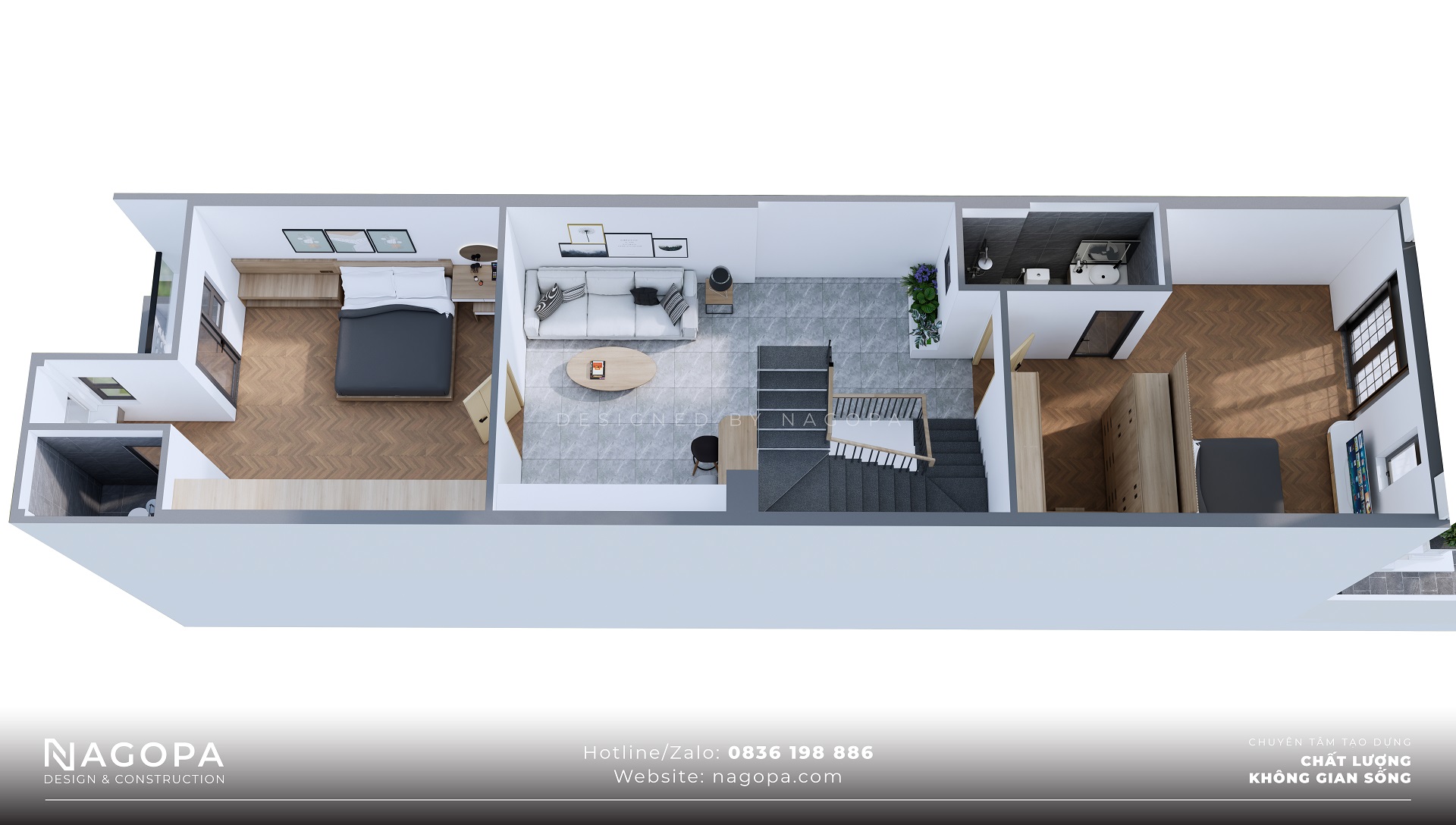 không gian nội thất tầng 2 nhà ống 3 tầng 5x20 3 phòng ngủ 