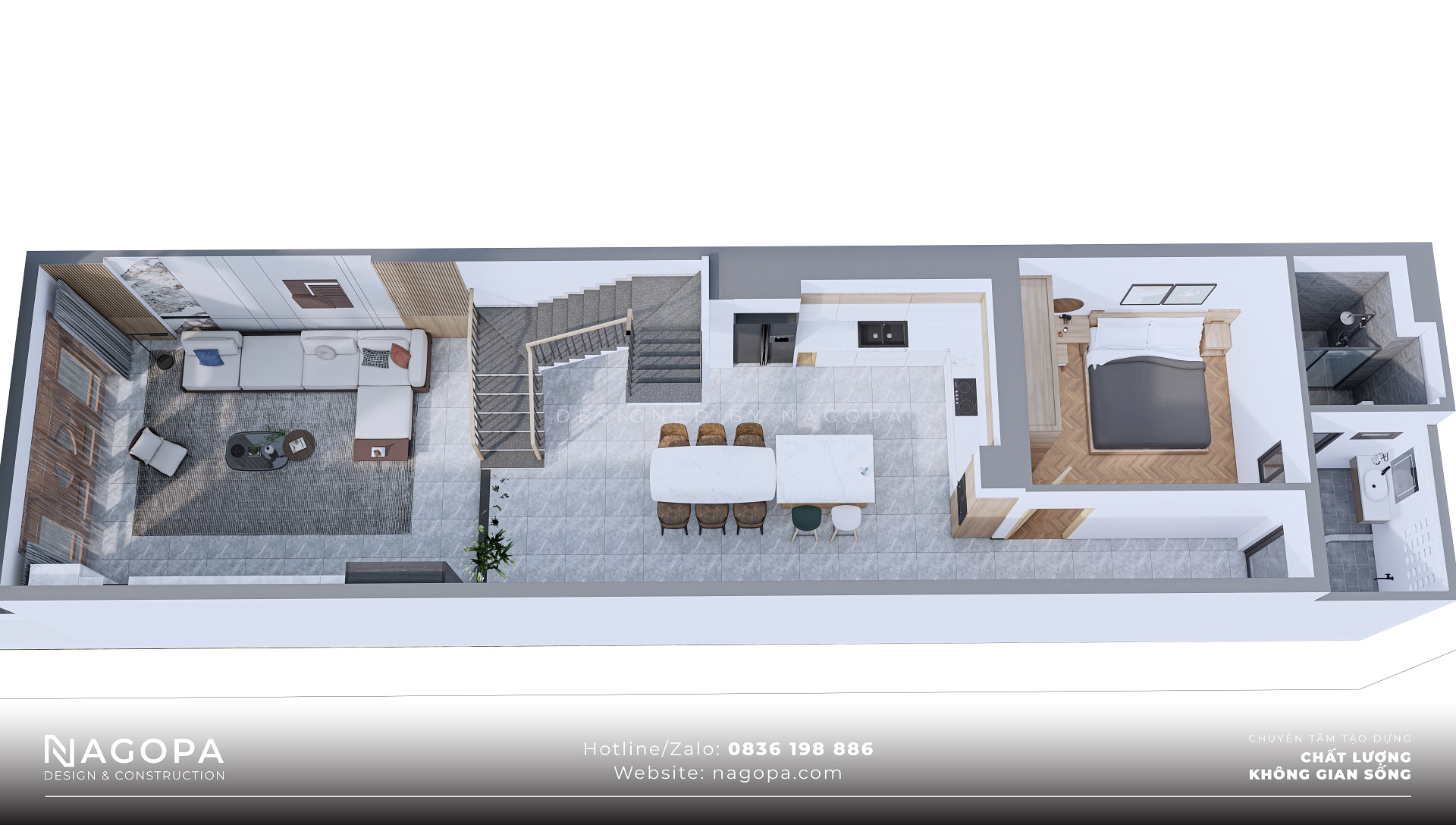 không gian nội thất tầng trệt nhà ống 3 tầng 5x20 3 phòng ngủ