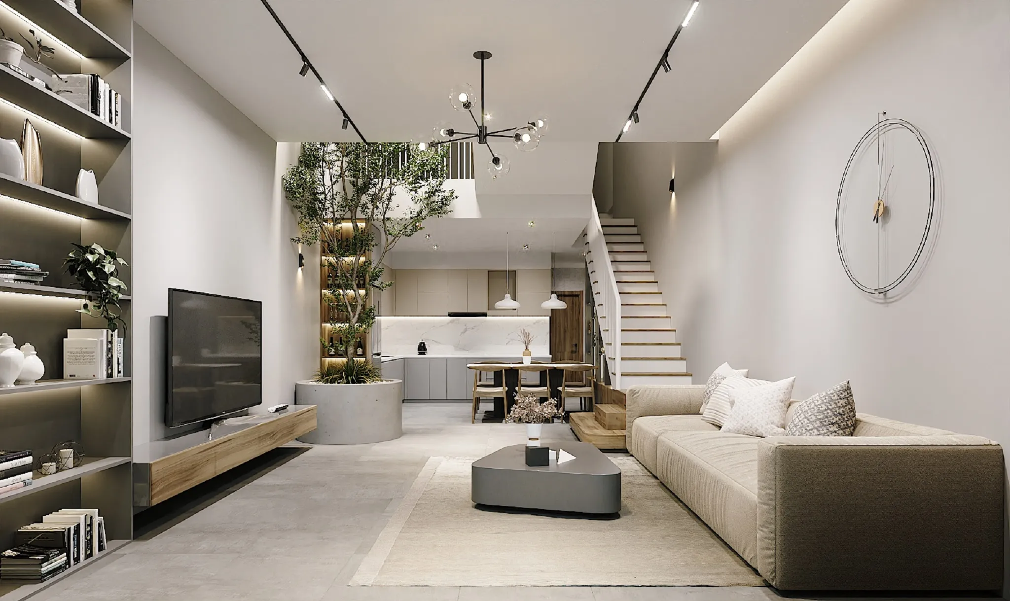 không gian phòng khách nhà ống đẹp hiện đại