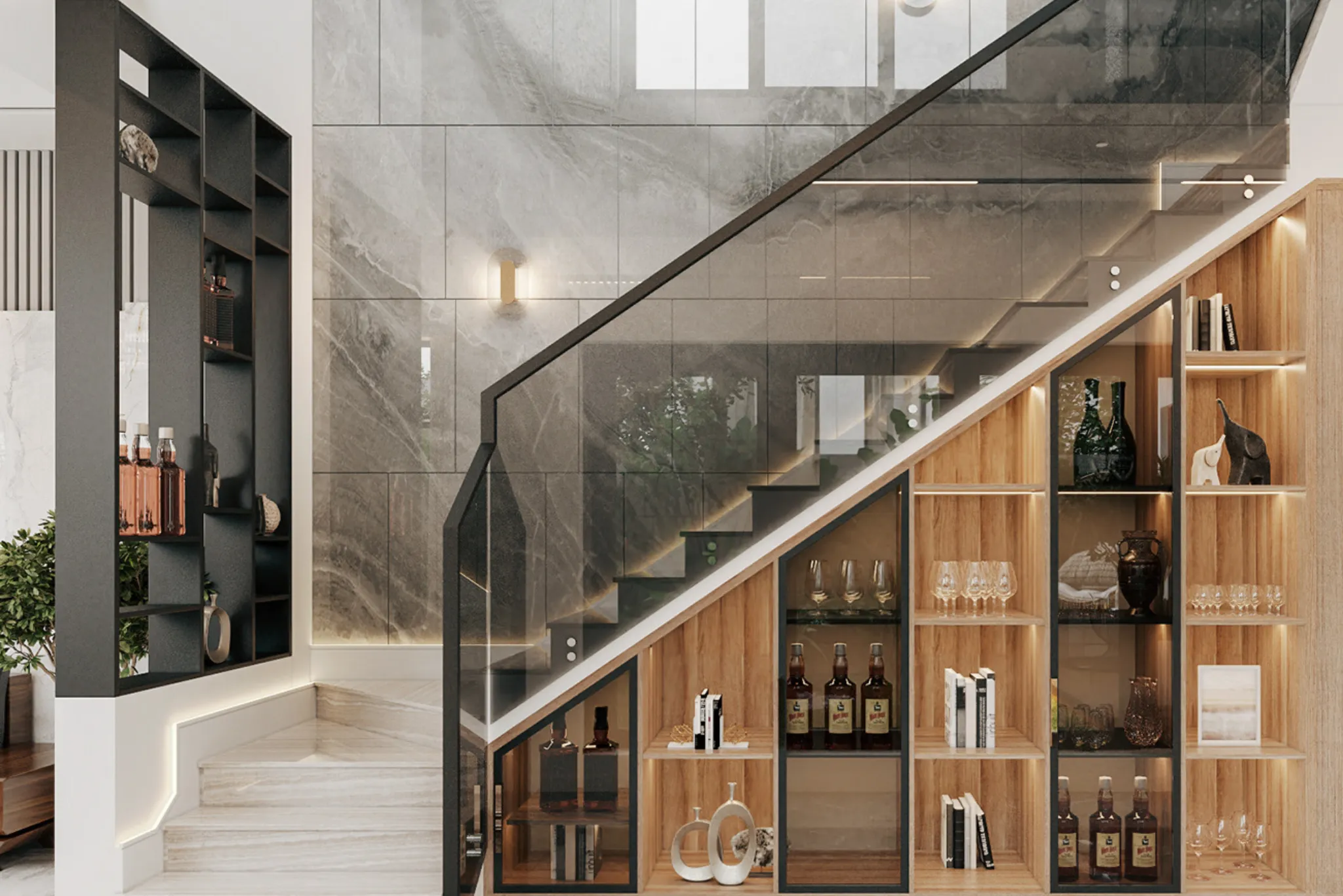 mẫu cầu thang kính cường lực tay vịn inox hình dáng chữ u