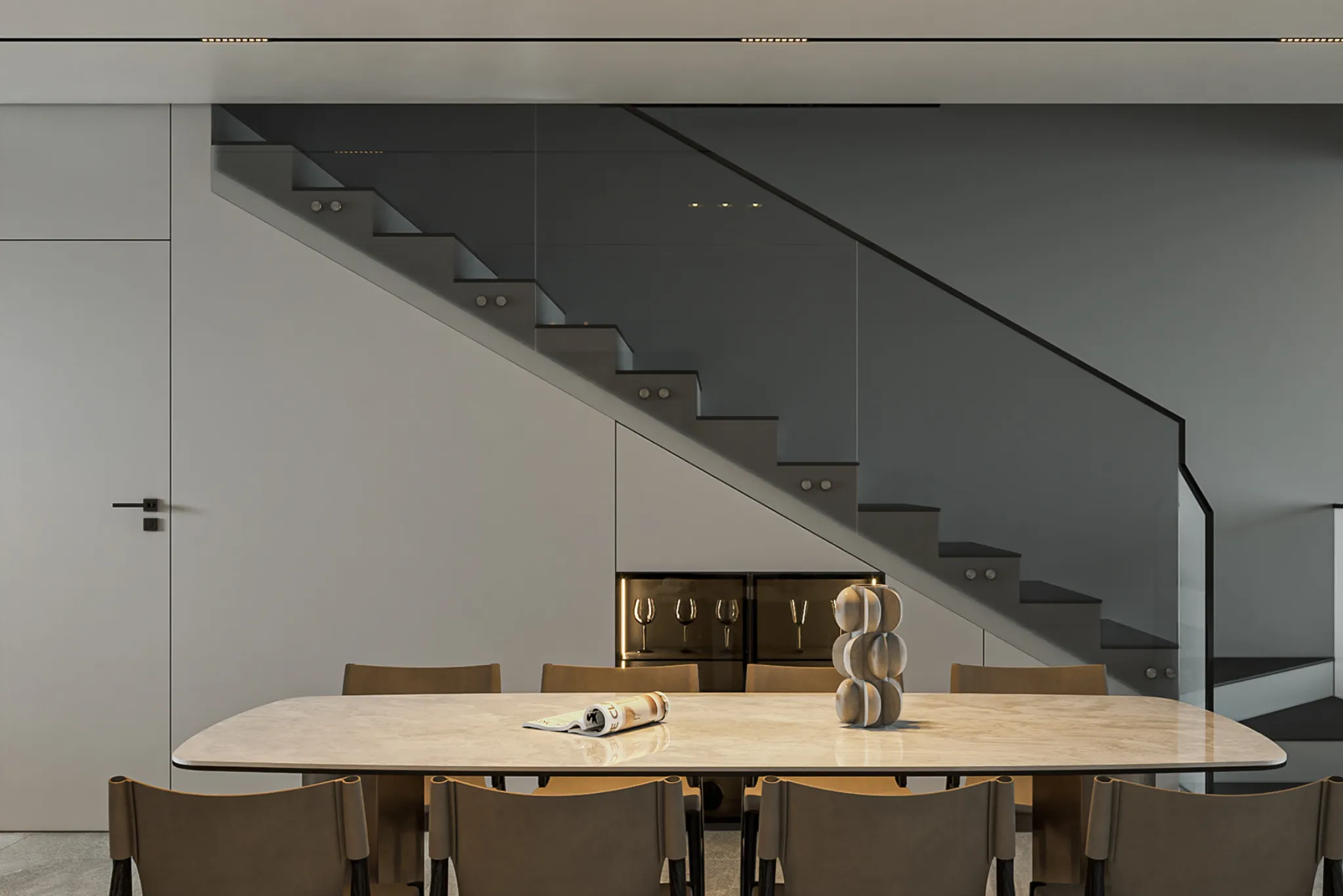 mẫu cầu thang kính cường lực tay vịn inox hình dáng dọc nhà