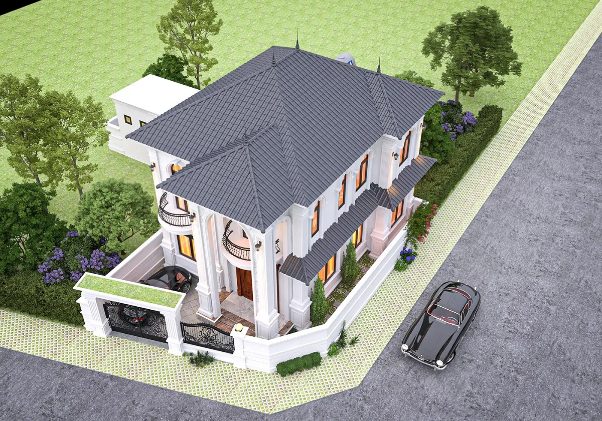 mẫu nhà lô góc 2 mặt tiền mái nhật tân cổ điển