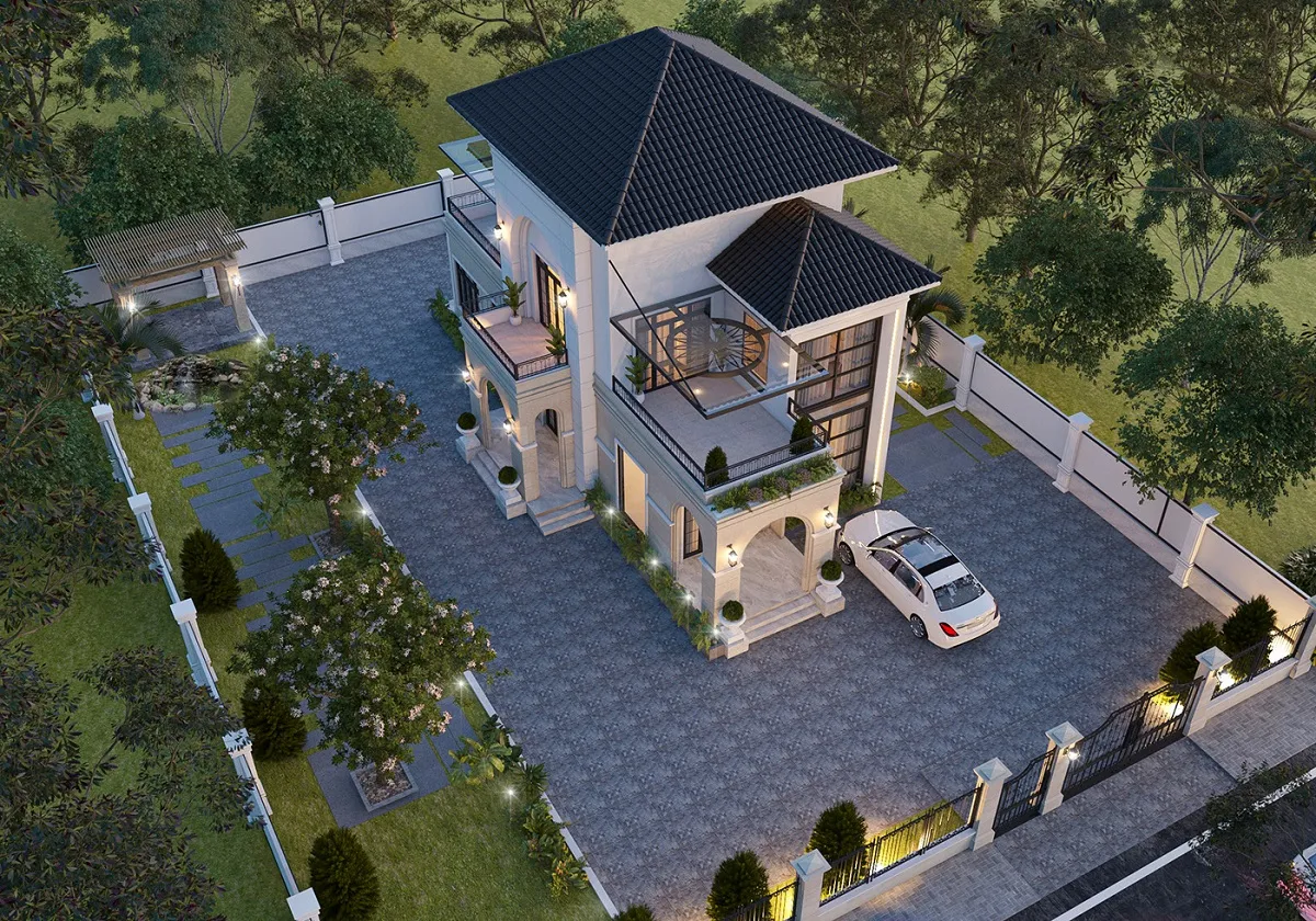 mẫu thiết kế biệt thự 3 tầng tân cổ điển sân vườn