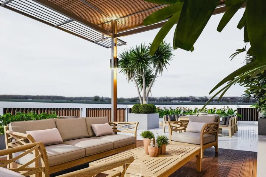 không gian sân thượng có mái che ấn tượng