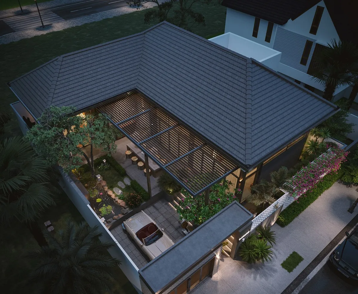 mẫu nhà cấp 4 hình dáng chữ L có sân vườn