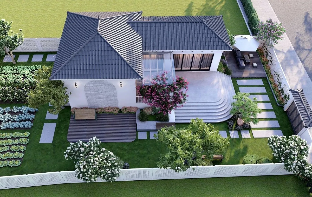 mẫu nhà cấp 4 hình dáng chữ l phong cách mái nhật