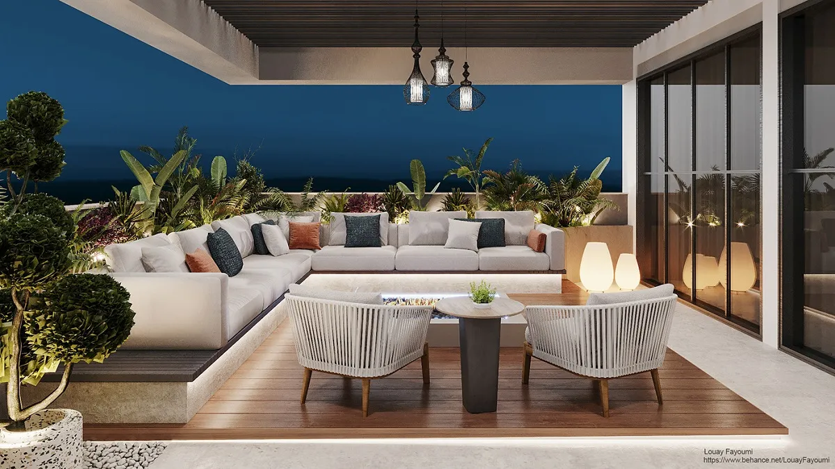 thiết kế sân thương đẹp có bếp nấu bàn ăn 1