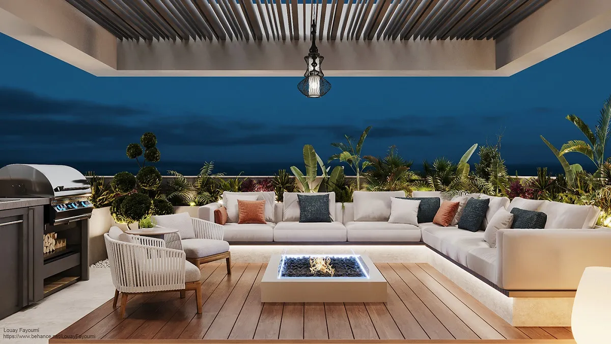 thiết kế sân thương đẹp có bếp nấu bàn ăn