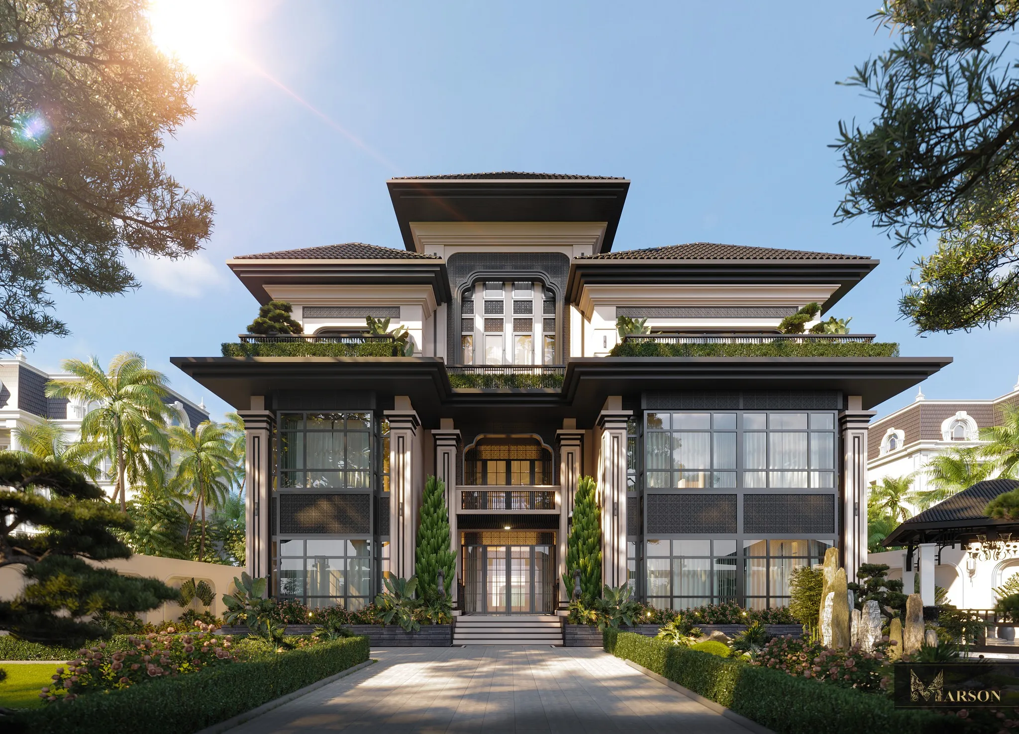mẫu biệt thự phong cách indochine có sân vườn thoáng mát 3