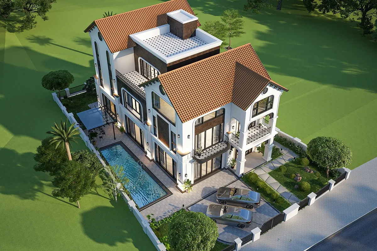 mẫu thiết kế biệt thự 3 tầng phong cách indochine có hồ bơi 1