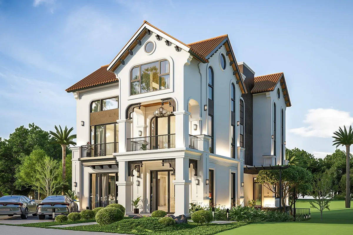 mẫu thiết kế biệt thự 3 tầng phong cách indochine có hồ bơi