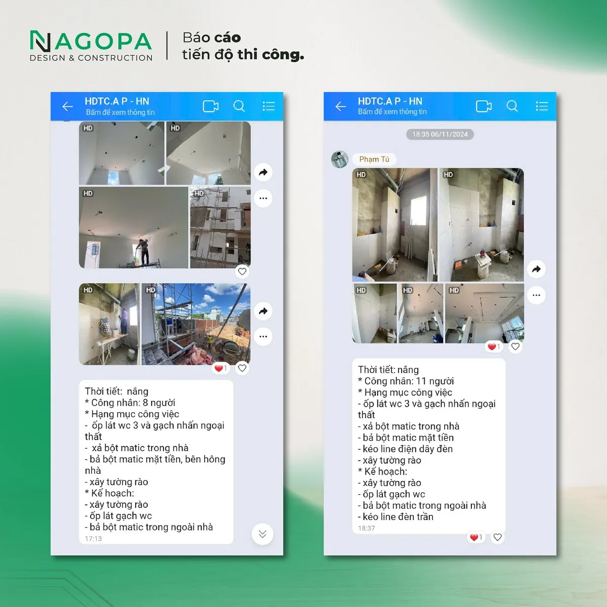 nagopa cập nhật công việc và kế hoạch thi công theo ngày tuần cho khách hàng
