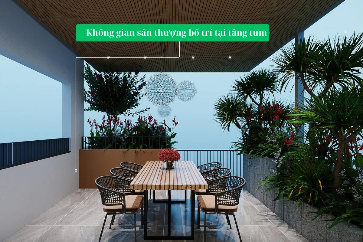 không gian sân thượng được bố trí tại tầng tum