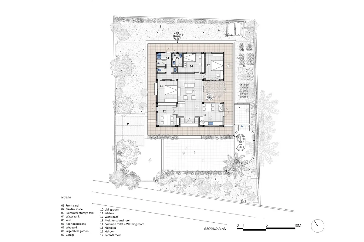 mặt bằng công năng nhà vườn mái ngói 1 tầng ở nông thôn