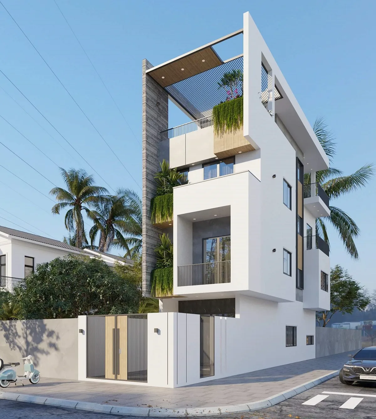 nhà phố 3 tầng 2 mặt tiền sân thượng 5x15m