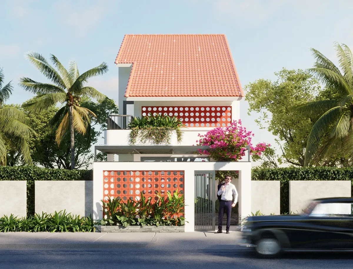 mẫu thiết kế nhà ống 2 tầng đồng quê đơn giản mái ngói