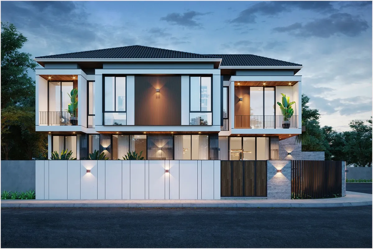 mẫu thiết kế nhà ống 2 tầng hiện đại mái nhật 1