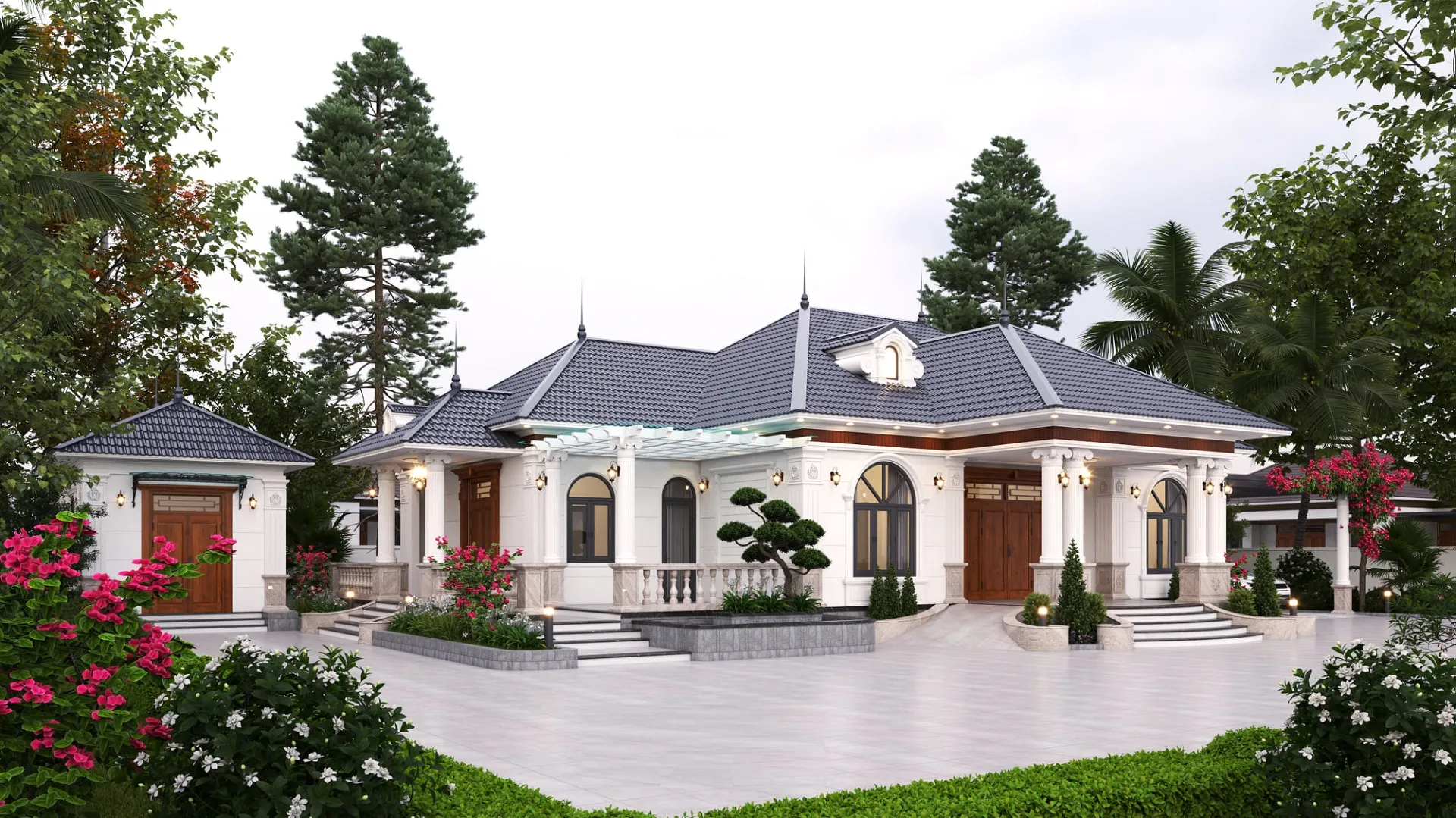 mẫu biệt thự mái nhật 1 tầng tân cổ điển sân vườn 1