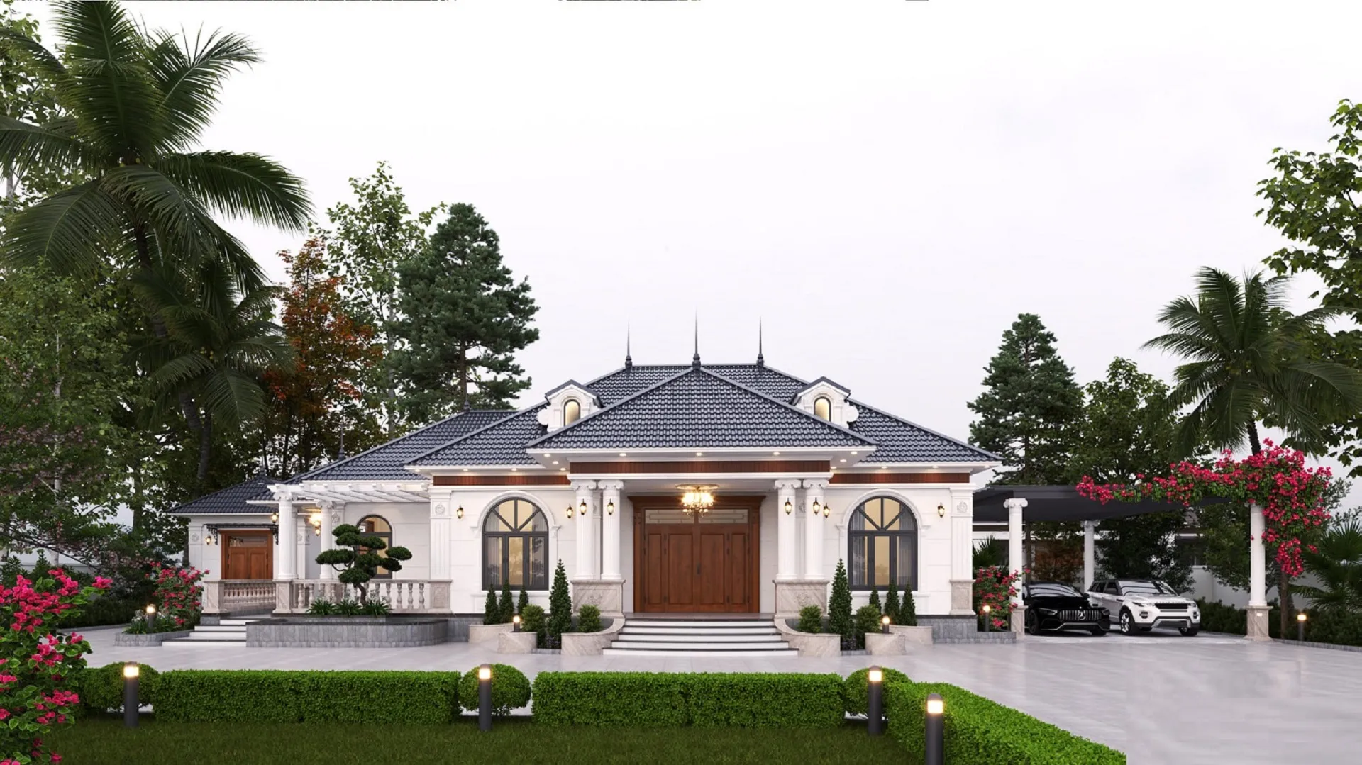 mẫu biệt thự mái nhật 1 tầng tân cổ điển sân vườn