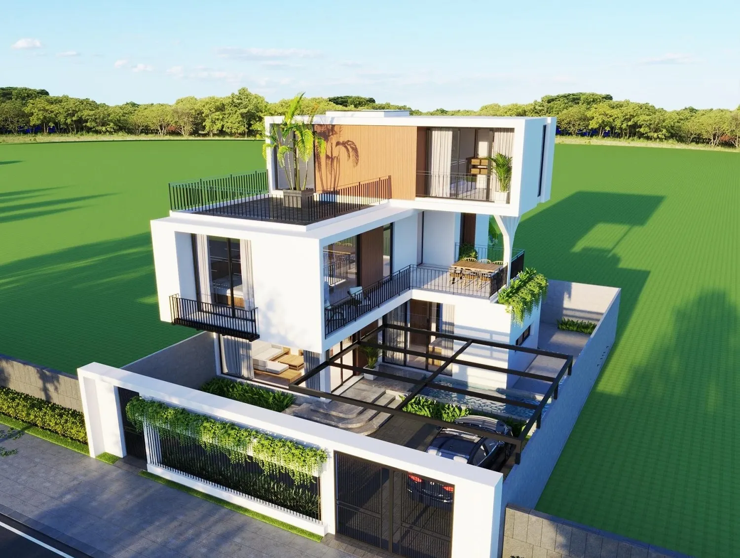 mẫu nhà 3 tầng mái bằng không gian mở gần gũi thiên nhiên