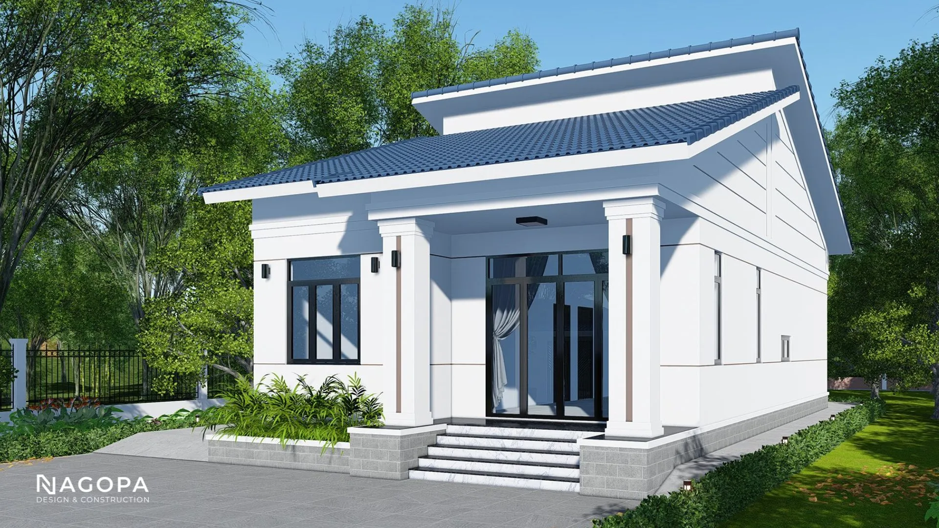 mẫu nhà cấp 4 mái ngói 3 phòng ngủ mái lệch 1