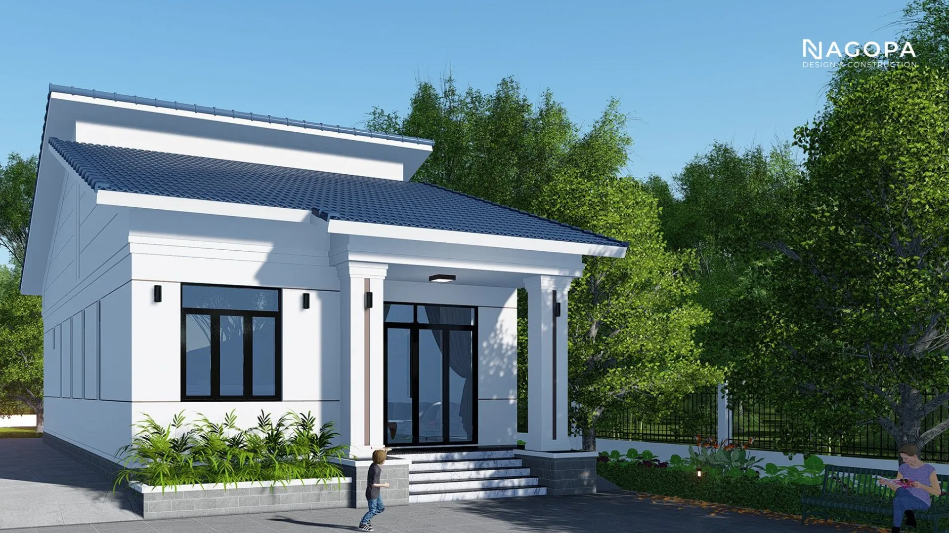 mẫu nhà cấp 4 mái ngói 3 phòng ngủ mái lệch