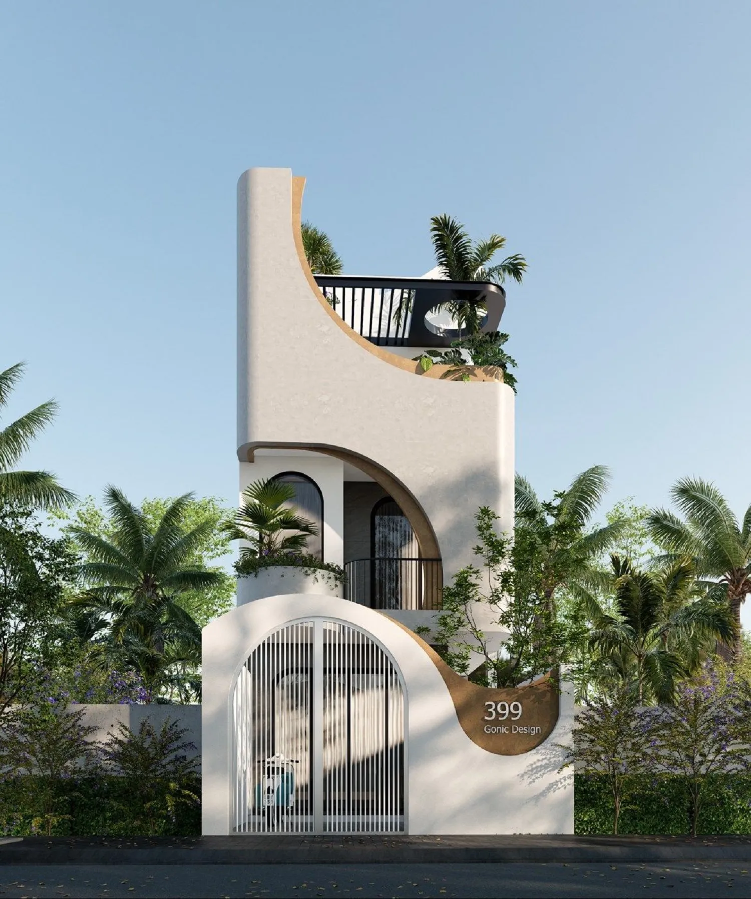 mẫu nhà ống 3 tầng mặt tiền dường cong uyển chuyển