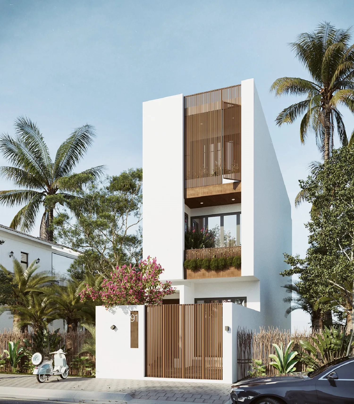 mẫu thiết kế nhà phố 3 tầng tối giản 4 phòng ngủ