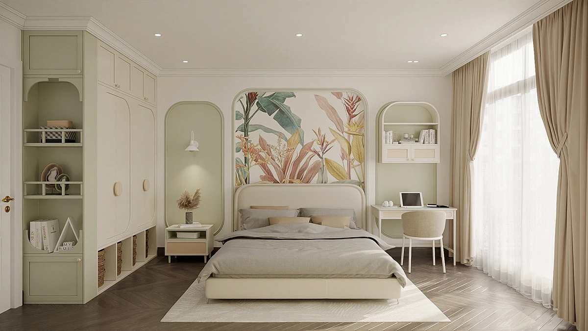 mẫu thiết kế phòng ngủ phong cách indochine kết hợp hiện đại