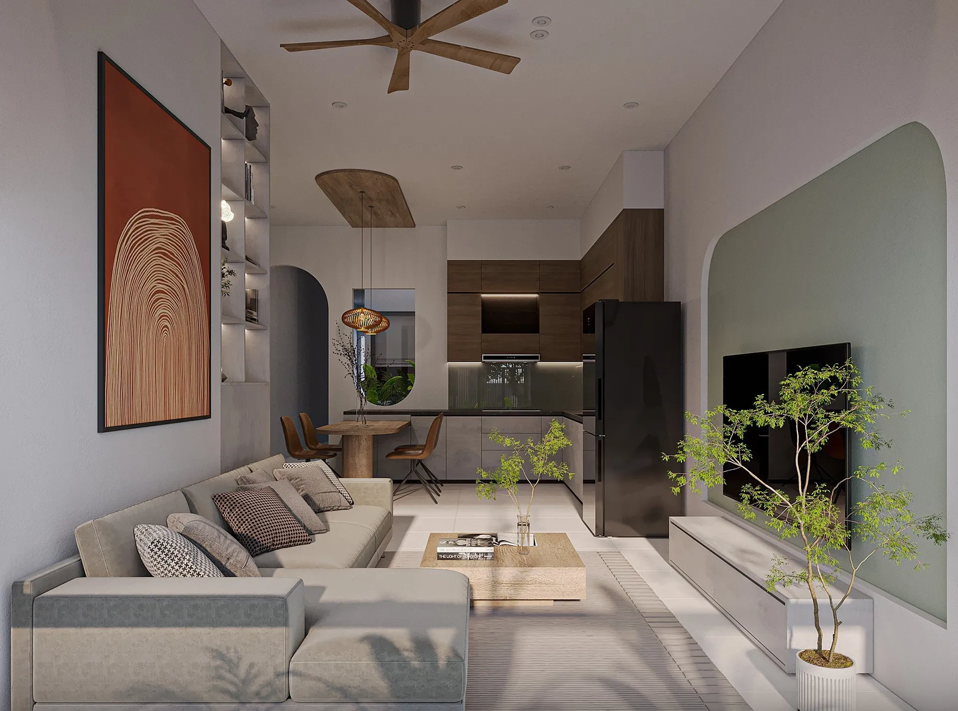 phòng khách màu trắng với điểm nhấn màu xanh pastel