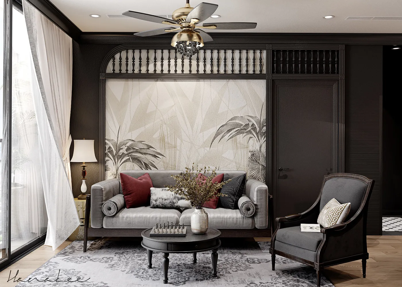 phòng khách phong cách indochine nhà phố 1