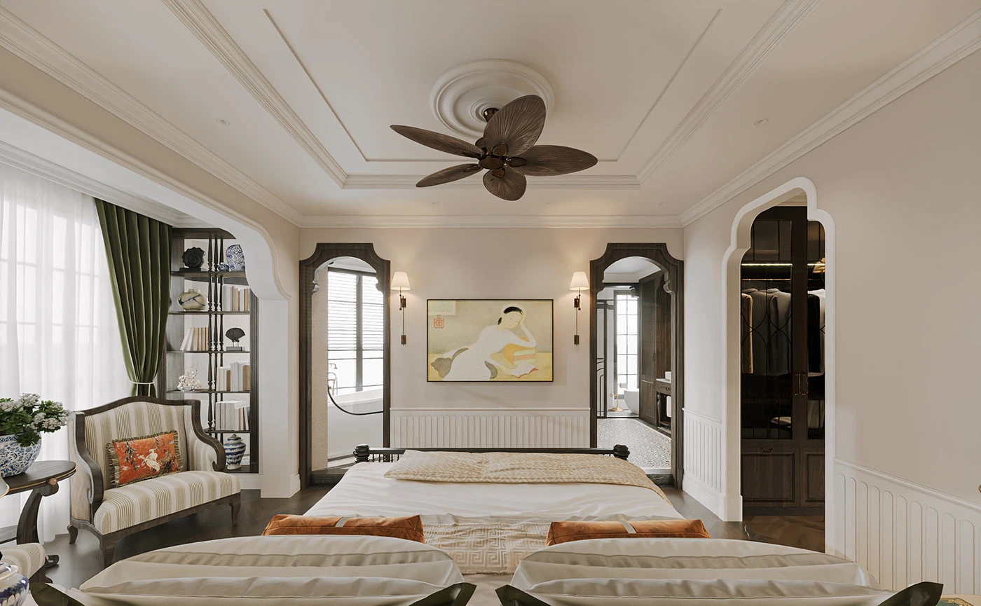 phòng ngủ indochine cổ điển sang trọng