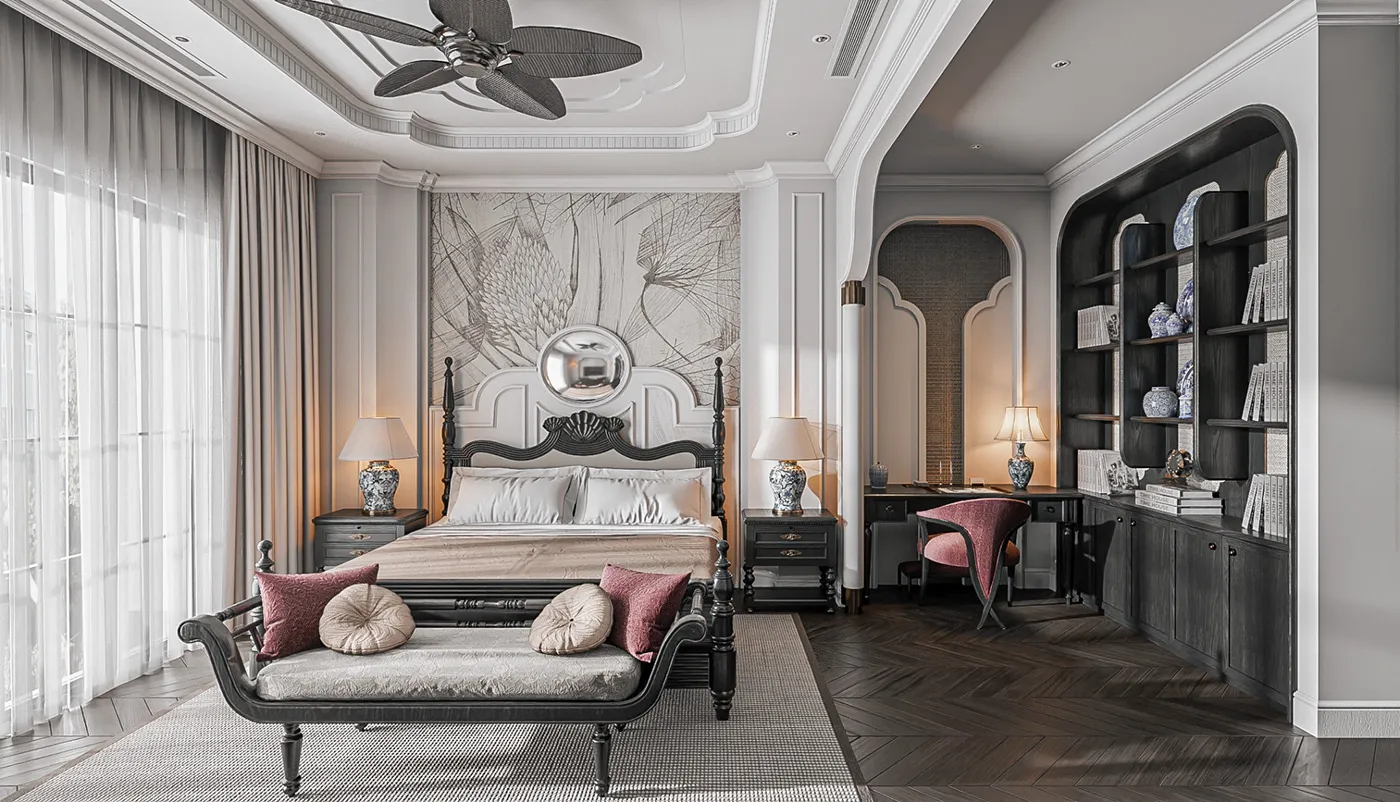 phòng ngủ indochine kết hợp với tân cổ điển phá cách