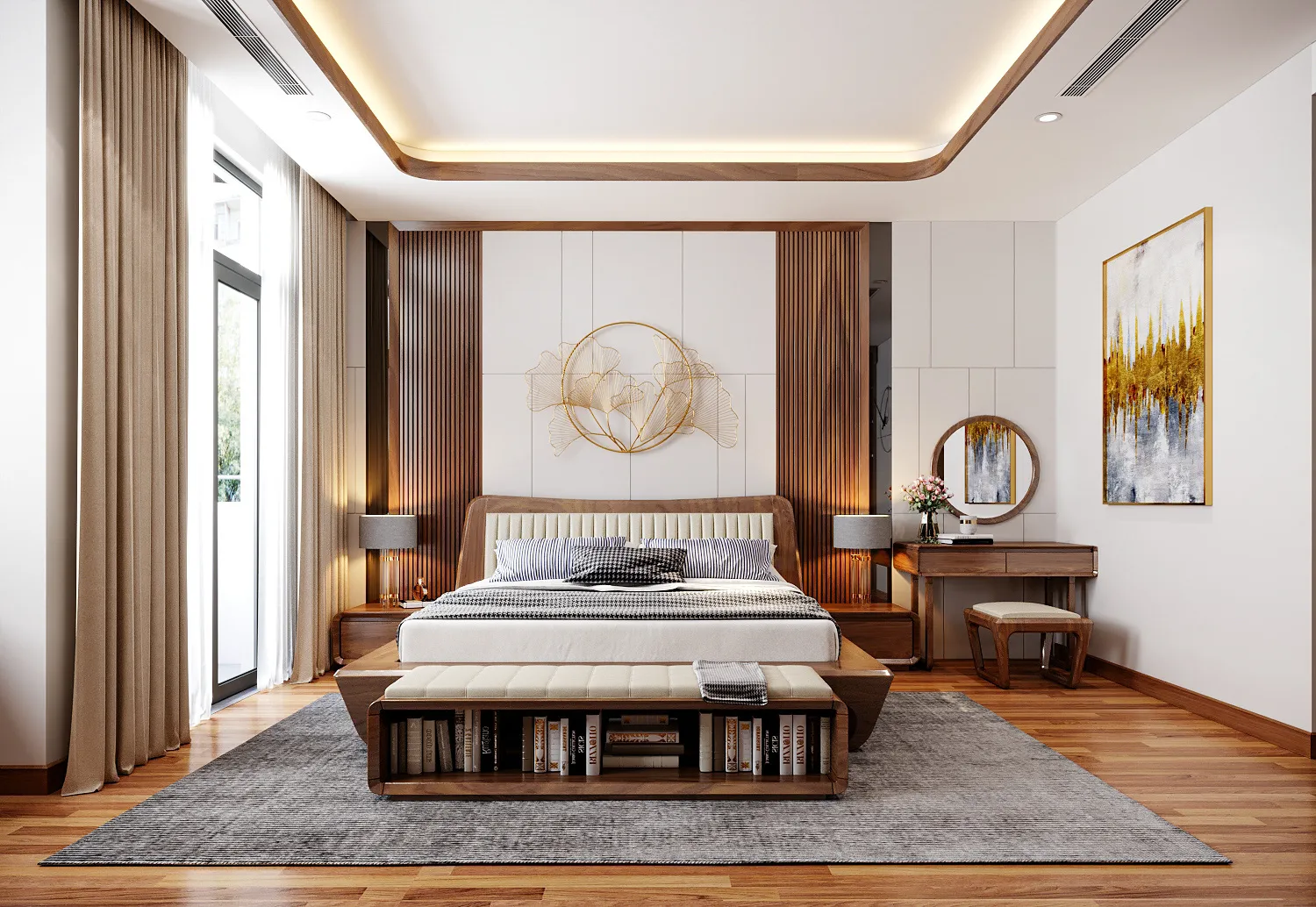 Mẫu Phòng ngủ master biệt thự sang trọng với nội thất gỗ óc chó 2
