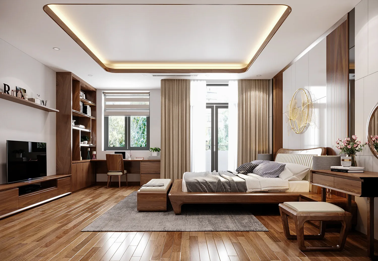 Mẫu Phòng ngủ master biệt thự sang trọng với nội thất gỗ óc chó 3