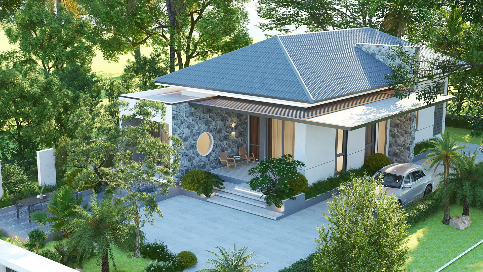 thiết kế biệt thự mái nhật 1 tầng nhà vườn hiện đại