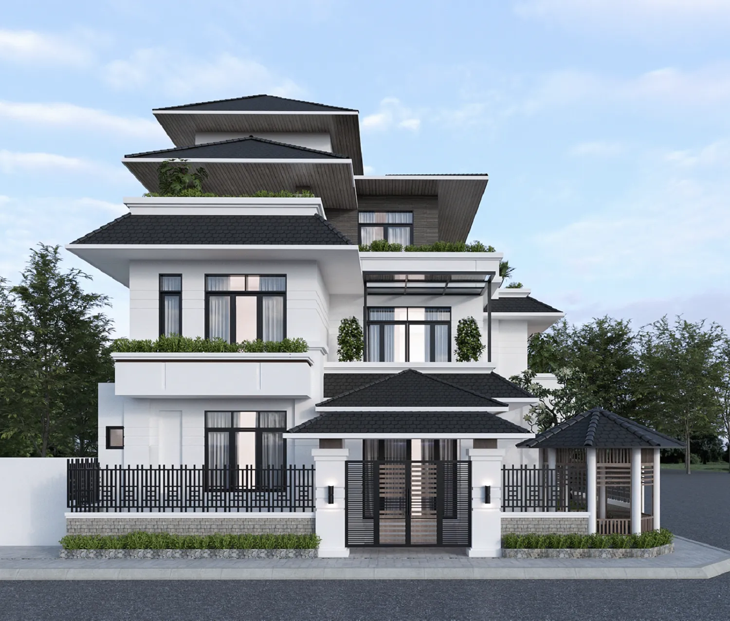 thiết kế nhà mái nhật 3 tầng có gara ô tô 1