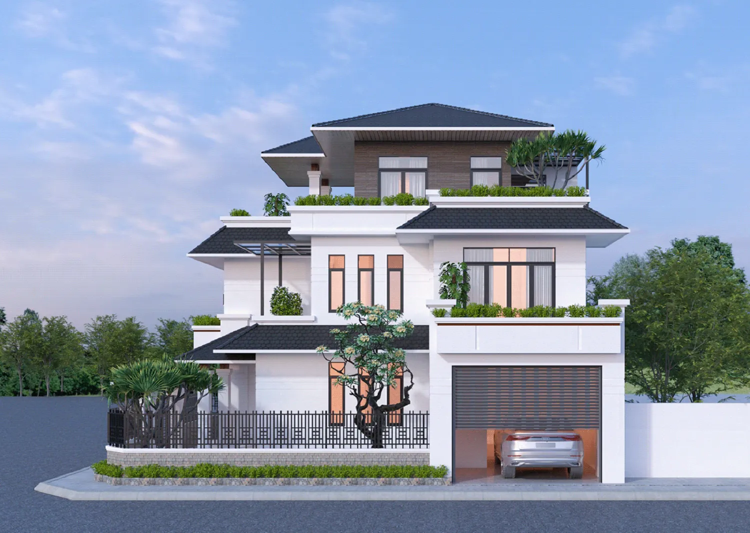 thiết kế nhà mái nhật 3 tầng có gara ô tô